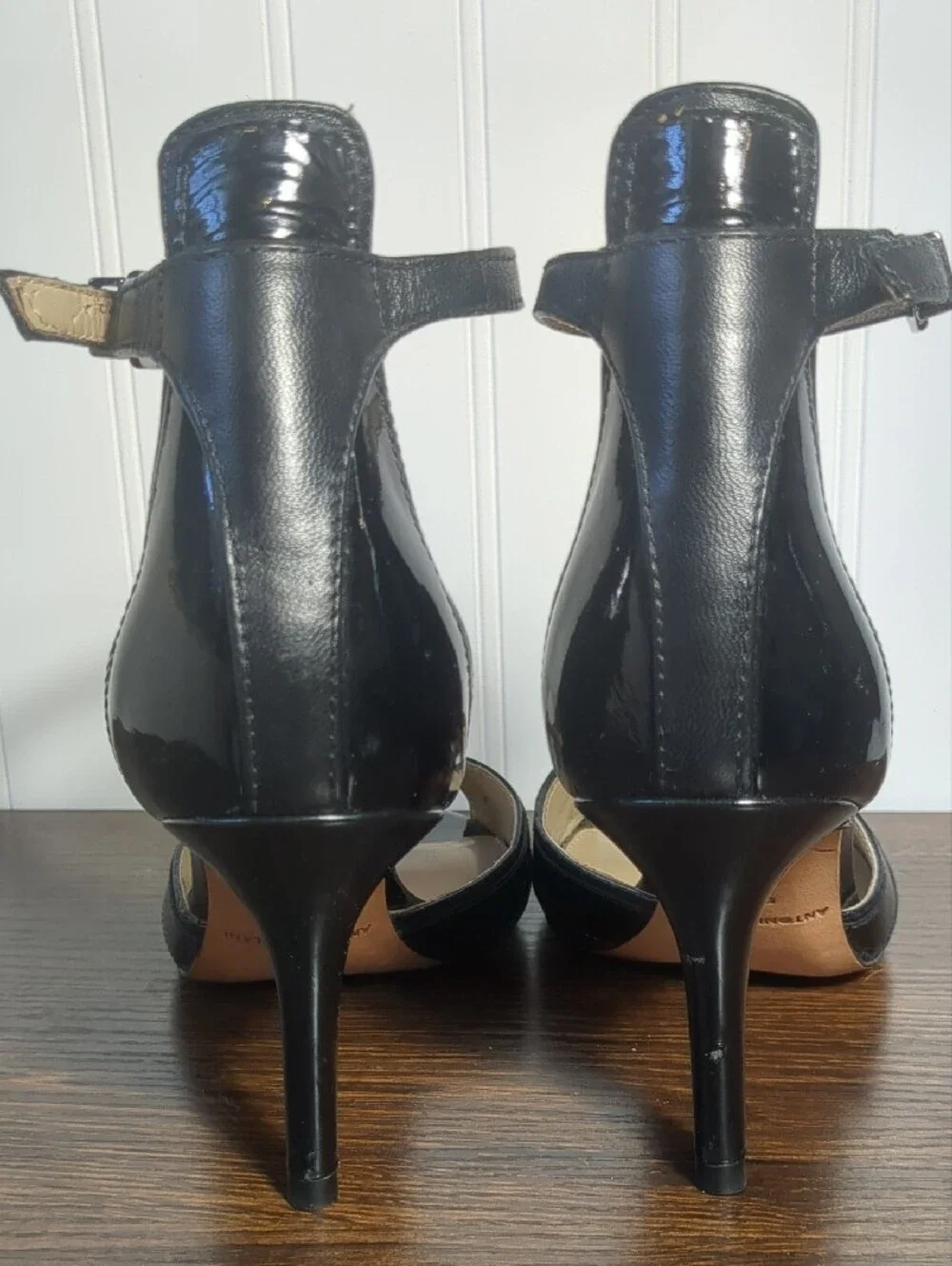 Antonio Melani Black Patent Leather Art Deco Peep Toe Ankle Strap Heels, SZ 6